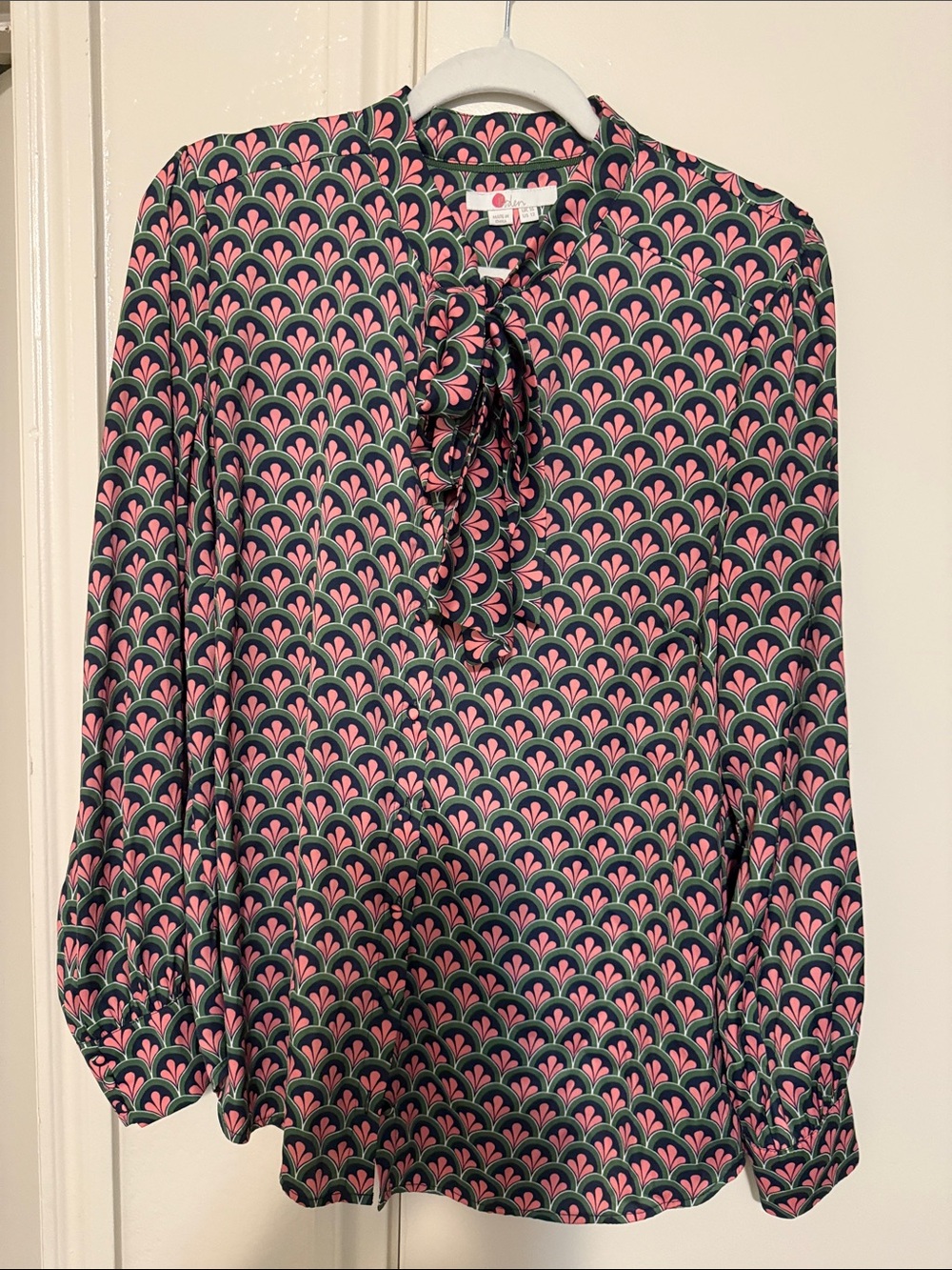 Boden Navy and Pink Geometric Ruffle Tie Blouse